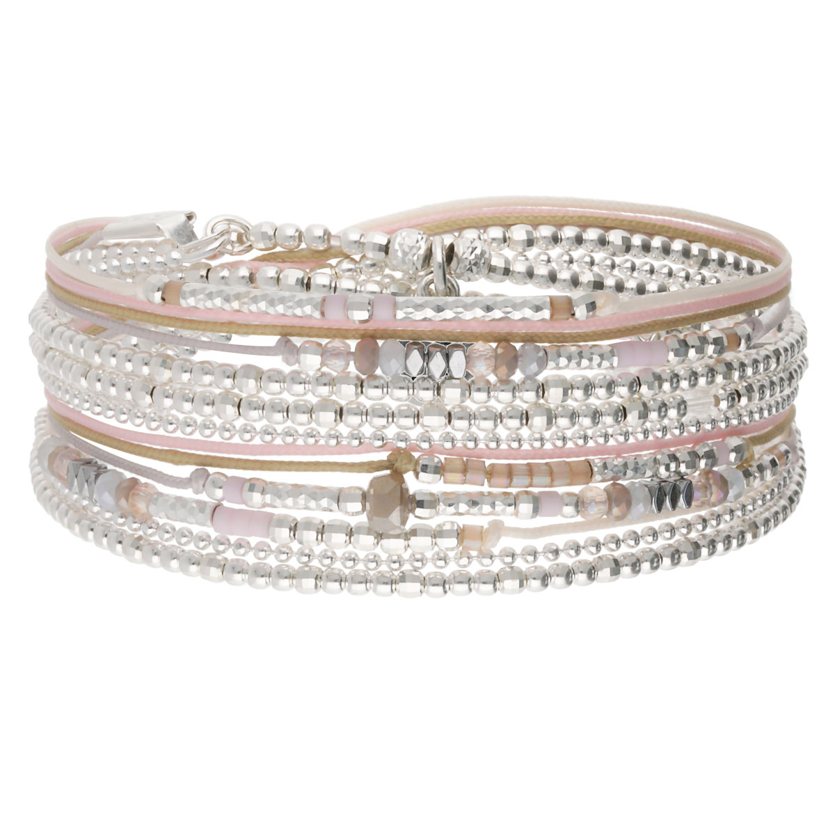 BRACELET ÉLASTIQUE 3 TOURS CORDONS BEIGE-ROSE Argent 925