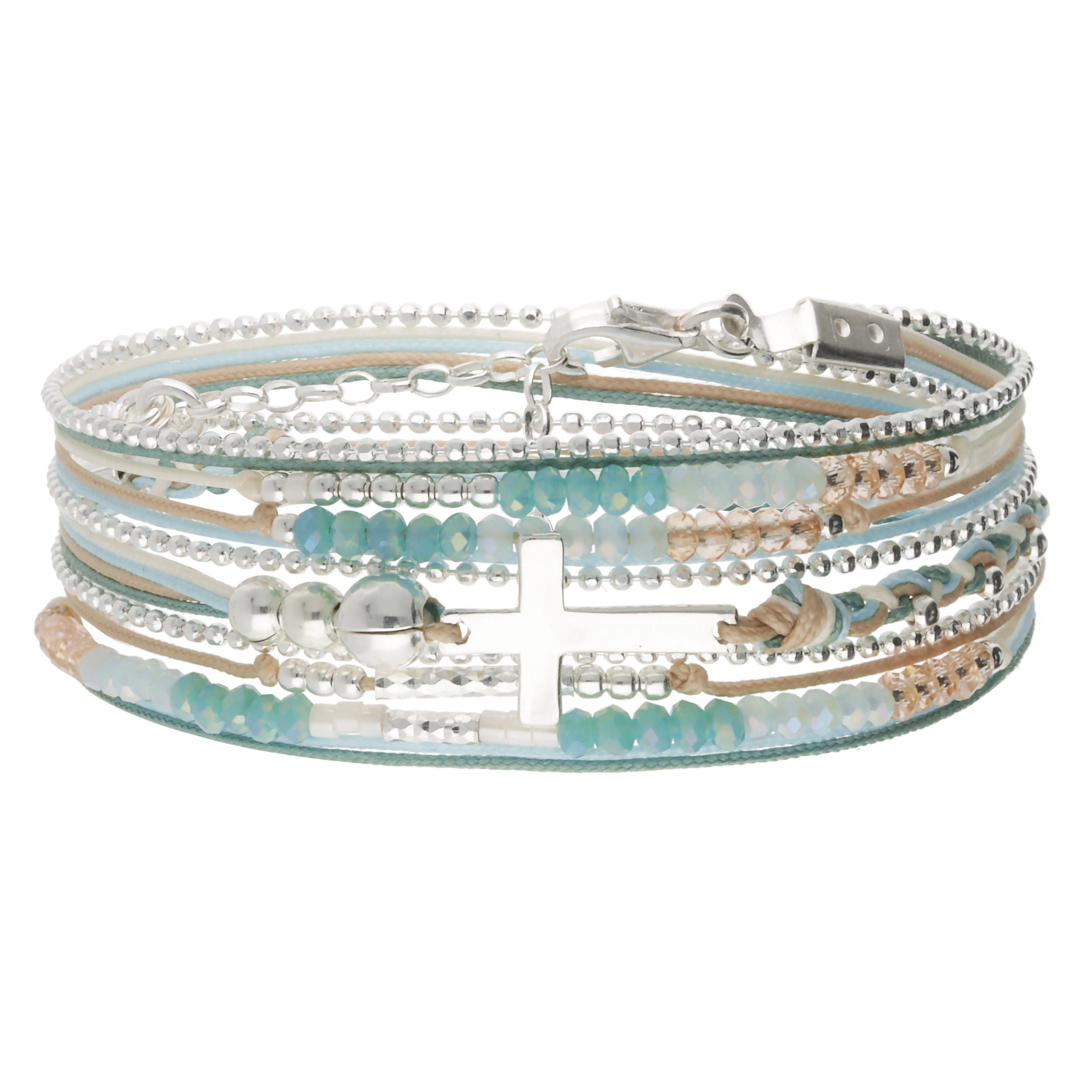 BRACELET 3 TOURS BLANC-BEIGE-VERT CROIX LISSE Argent 925