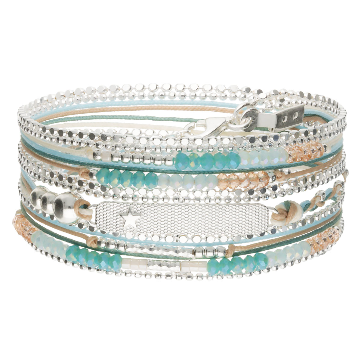 BRACELET 3 TOURS BLANC-BEIGE-VERT PLAQUE ÉTOILE Argent 925