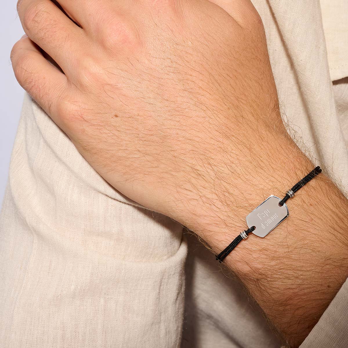 Bracelet Cordon Homme Plaque Argent À Graver Noir 20mm Argent 925