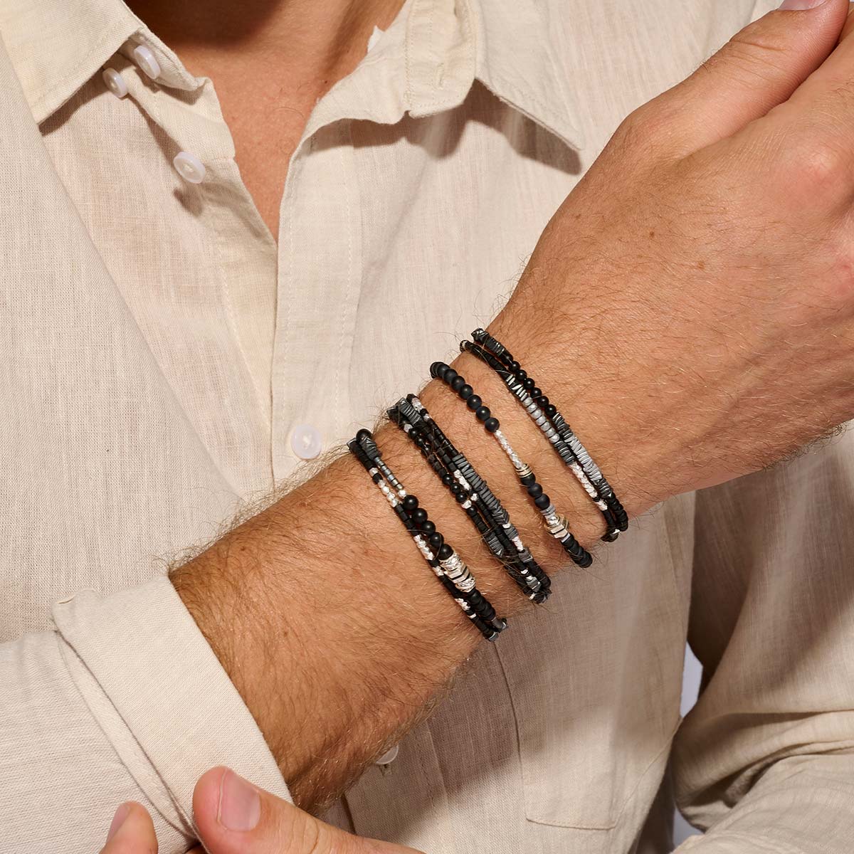 BRACELET HOMME ÉLASTIQUE DOUBLE NOIR SILVER