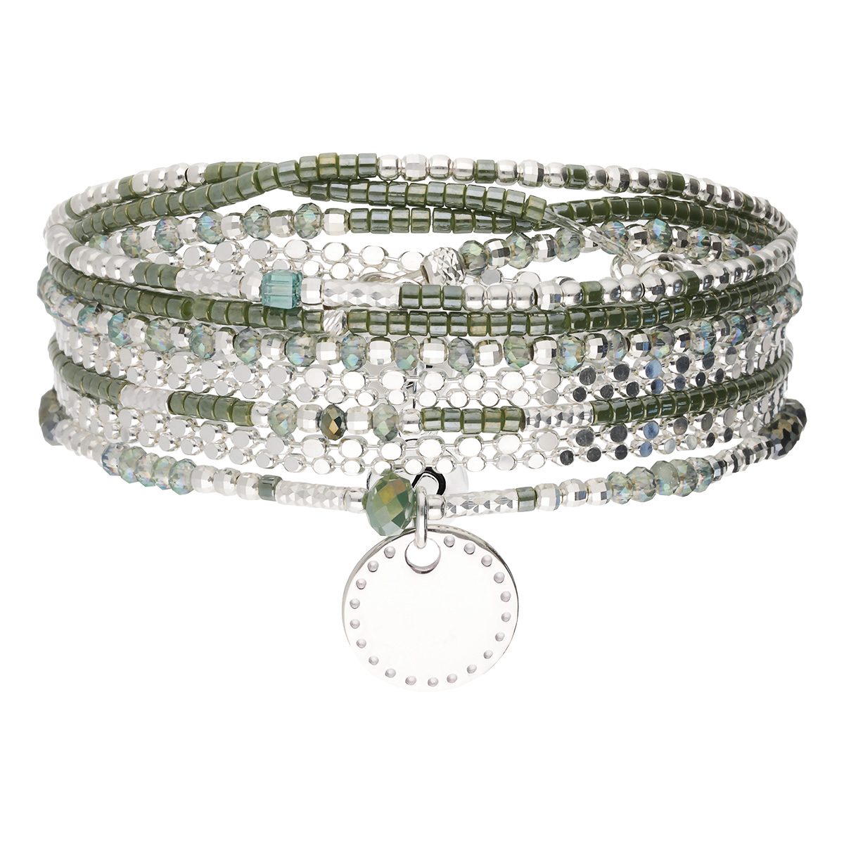 Bracelet Élastique En Argent 925 5 Tours Vert Kaki Chaîne Pastille Cloutée Gravable