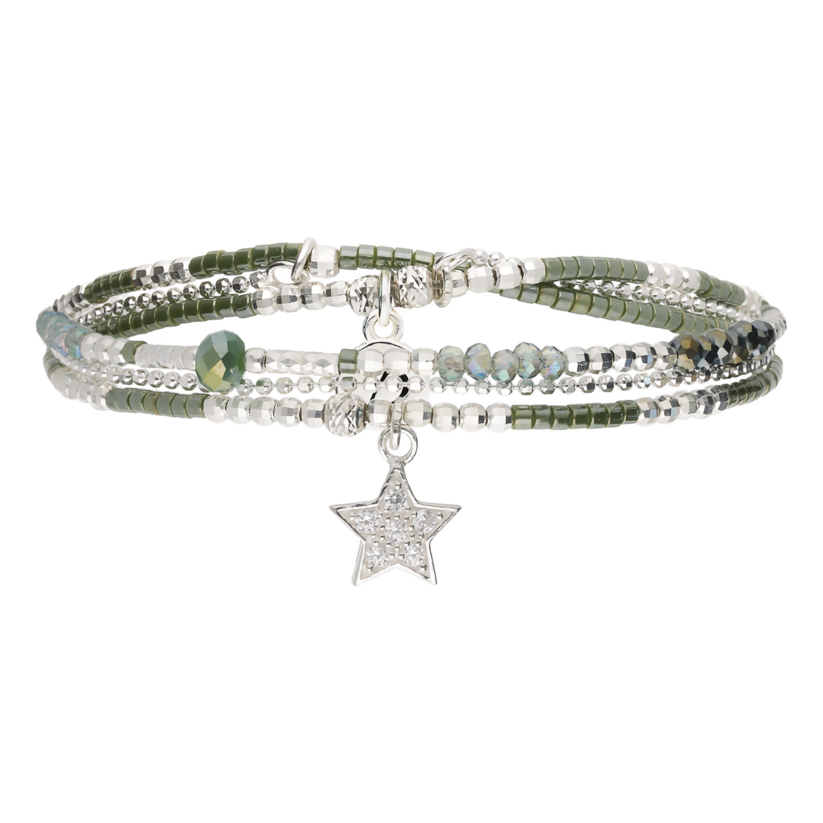 Bracelet Élastique En Argent 925 2 Tours Et Chaîne Vert Kaki Orné D\'Une Étoile Pavée D\'Oxydes De Zirconium