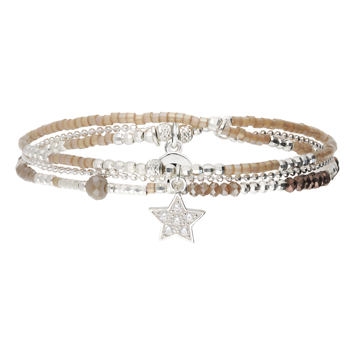 Bracelet Élastique En Argent 925 2 Tours Et Chaîne Marron Orné D\'Une Étoile Pavée D\'Oxydes De Zirconium