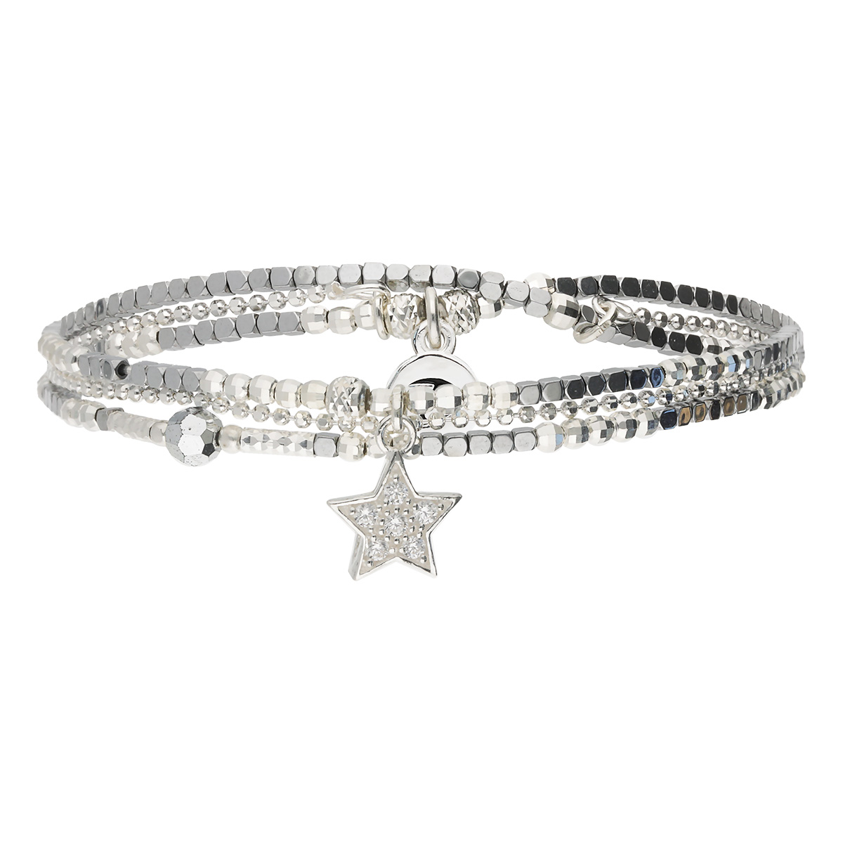 Bracelet Élastique En Argent 925 2 Tours Et Chaîne Gris Orné D\'Une Étoile Pavée D\'Oxydes De Zirconium