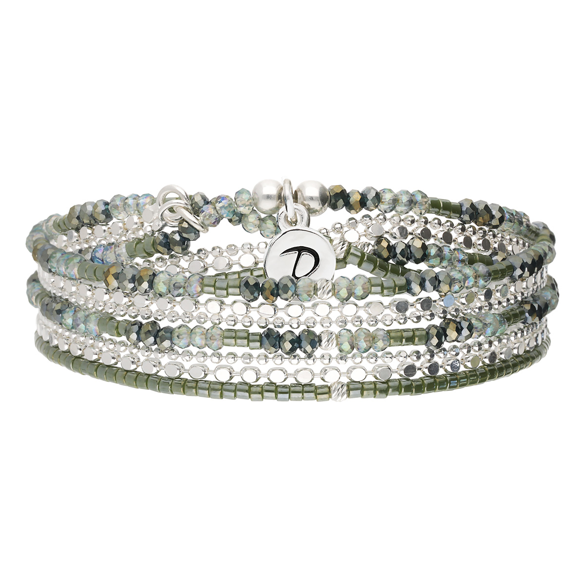 Bracelet Élastique En Argent 925 3 Tours Vert Kaki Avec Chaines