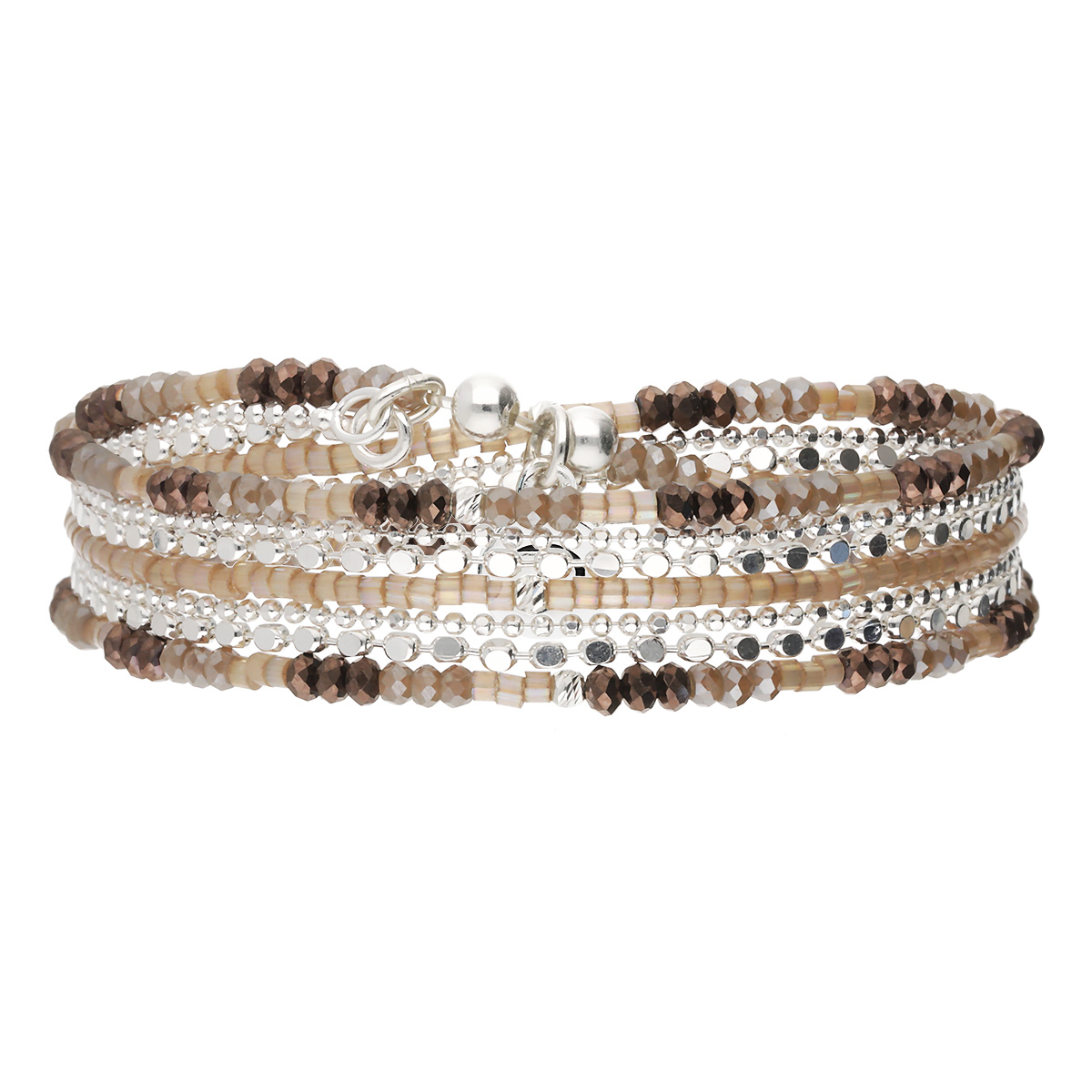Bracelet Élastique En Argent 925 3 Tours Marron Avec Chaines