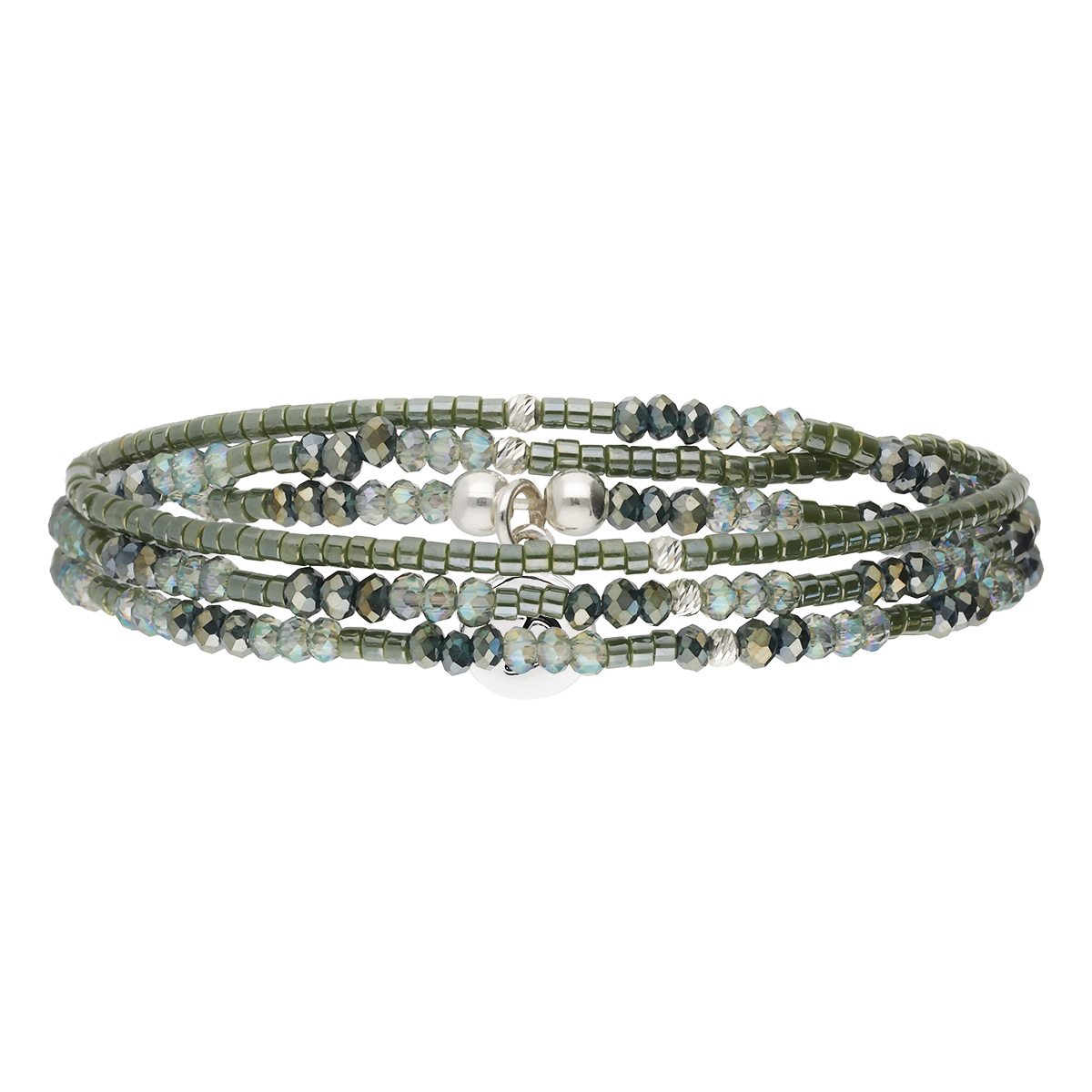 Bracelet Élastique En Argent 925 3 Tours Vert Kaki Olinda