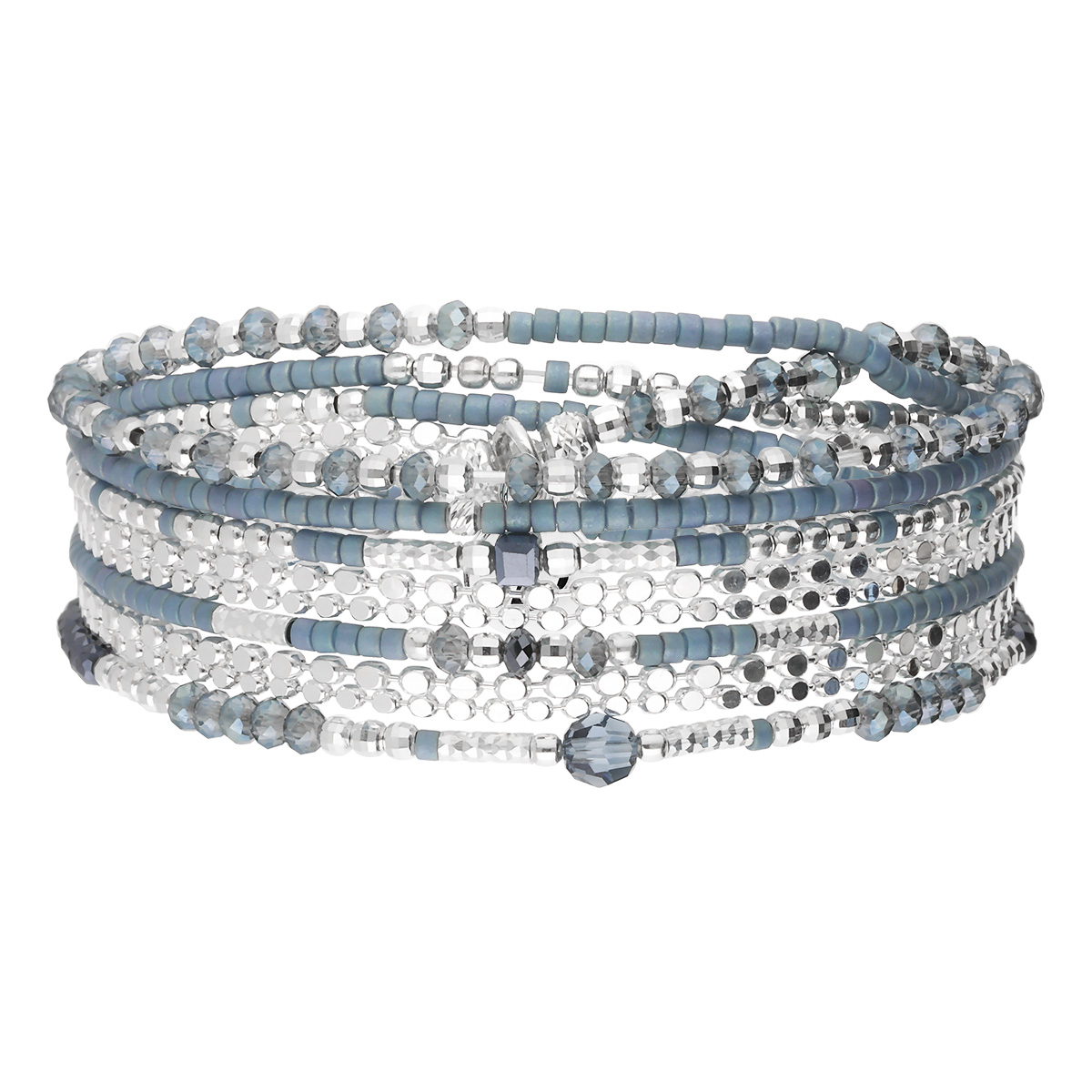 Bracelet Élastique En Argent 925 5 Tours Bleu Et Gris Double Chaîne