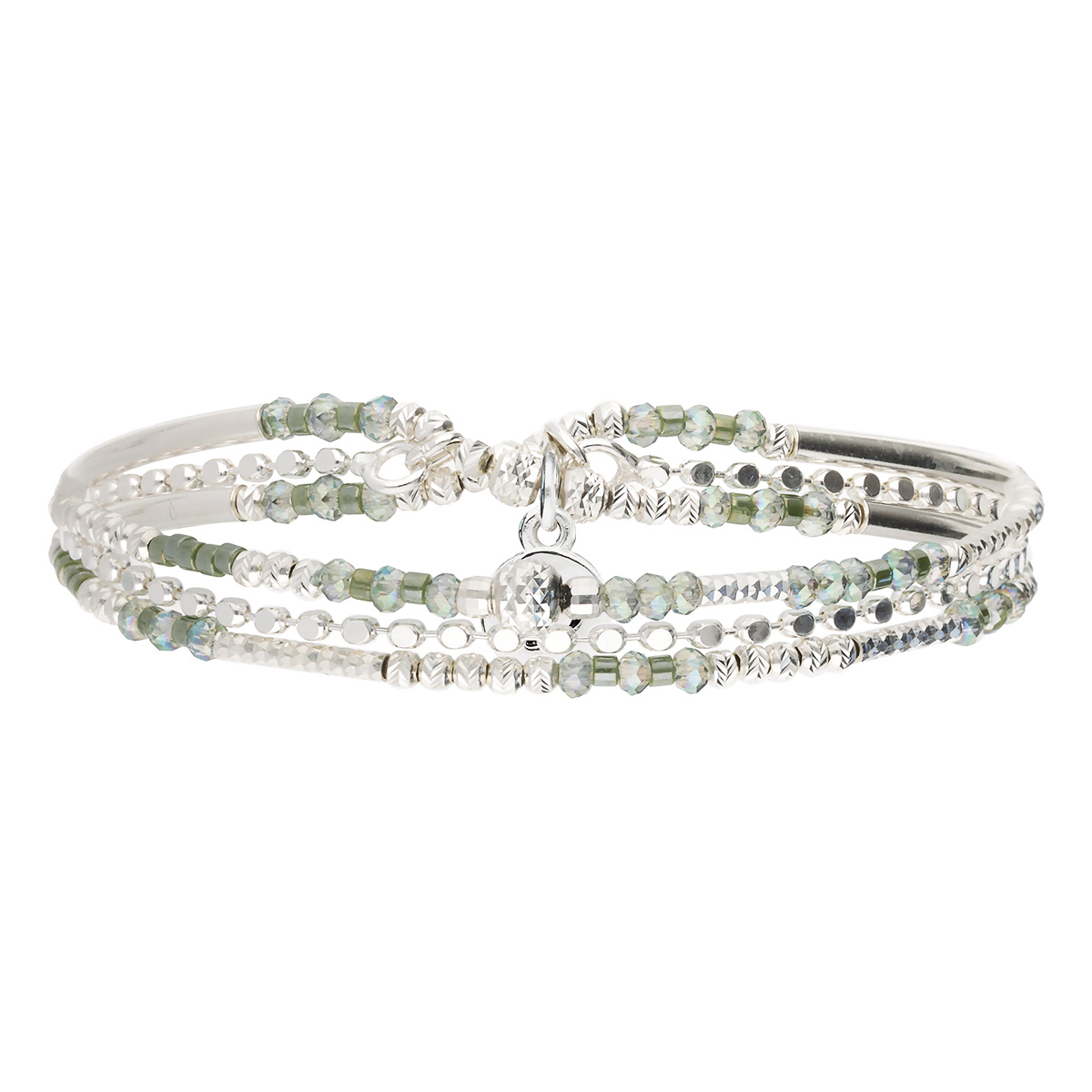 Bracelet Élastique En Argent 925 2 Tours Et Chaîne Vert Calvi