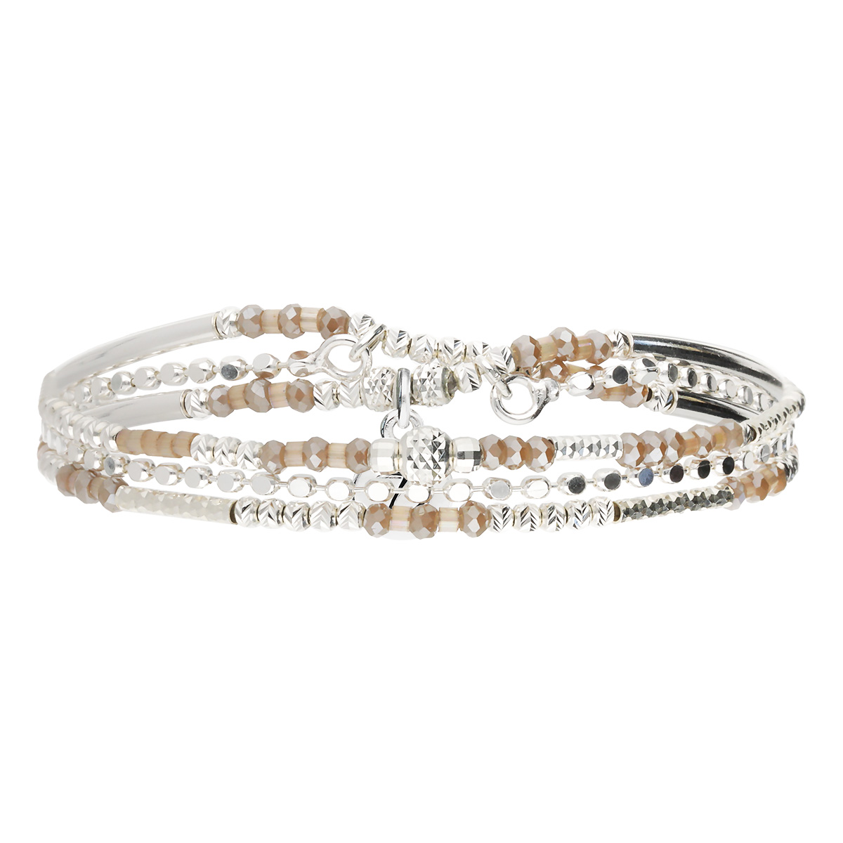 Bracelet Élastique En Argent 925 2 Tours Et Chaîne Marron Calvi
