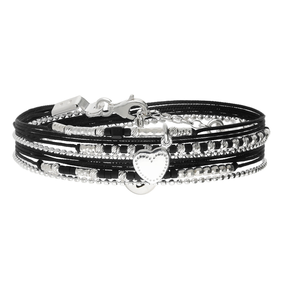 Bracelet 2 Tours Argent 925 Noir Coeur D\' Amour Gravable