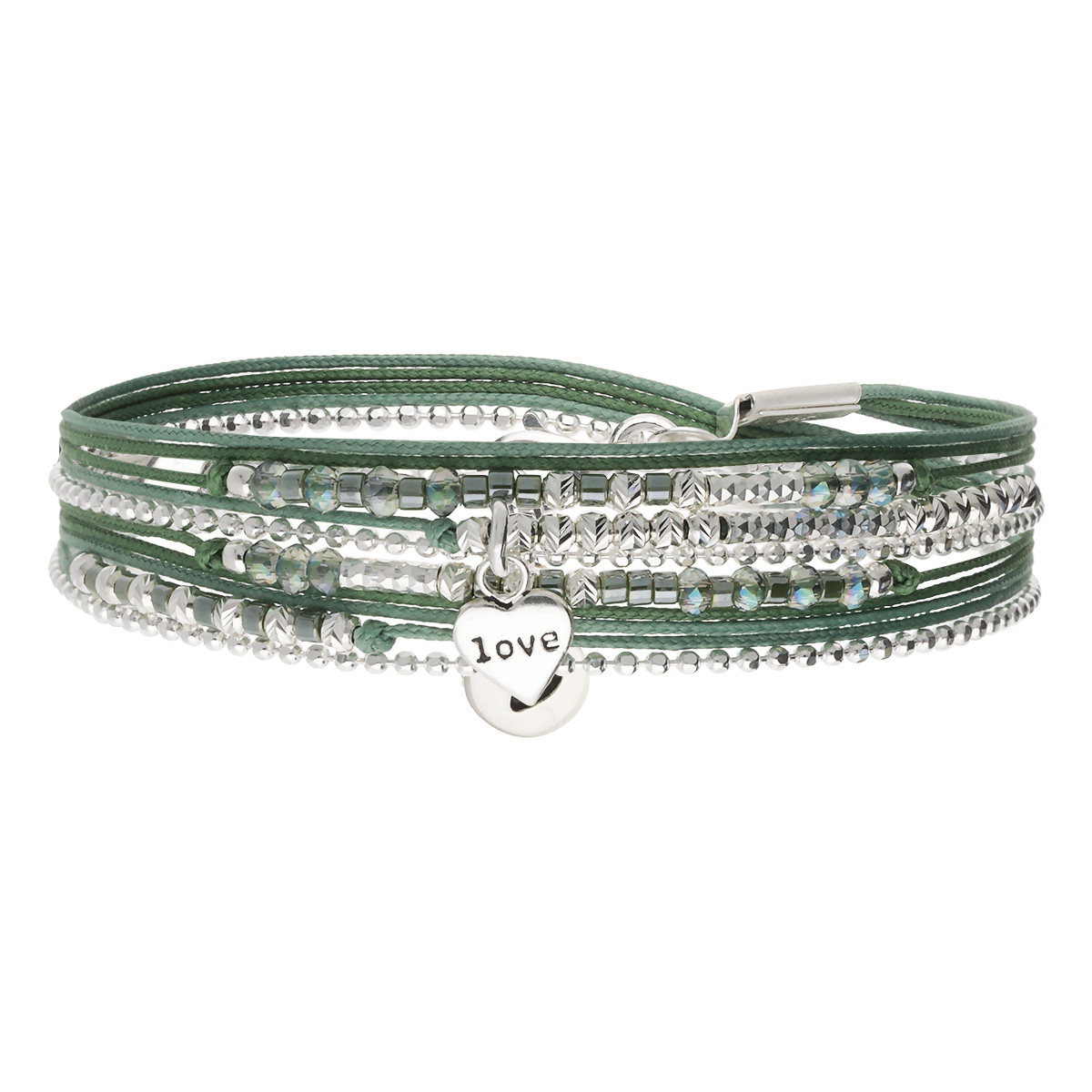 Bracelet 2 Tours Argent 925 Vert Kaki Coeur Love