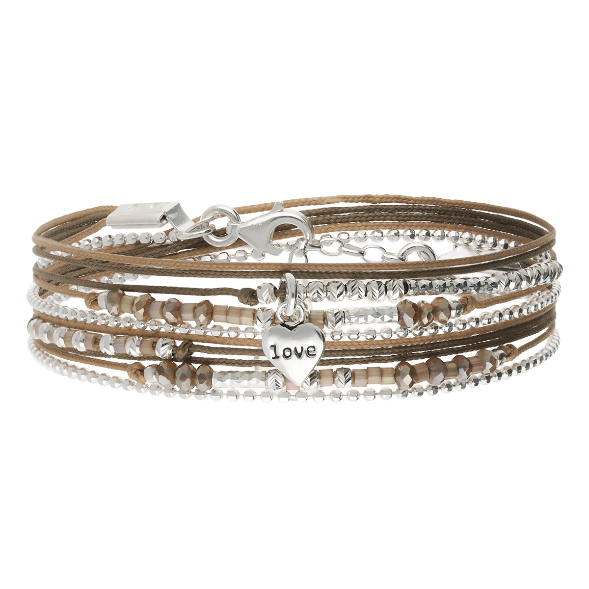 Bracelet 2 Tours Argent 925 Marron Coeur Love