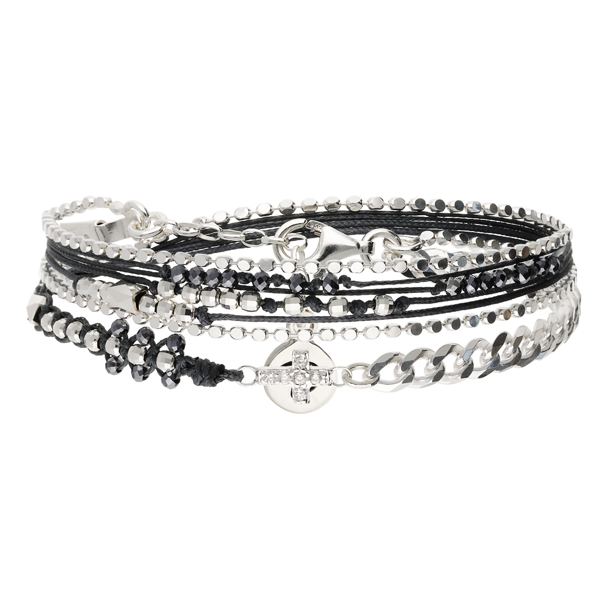 Bracelet 2 Tours Argent 925 Noir Croix Oxyde De Zirconium