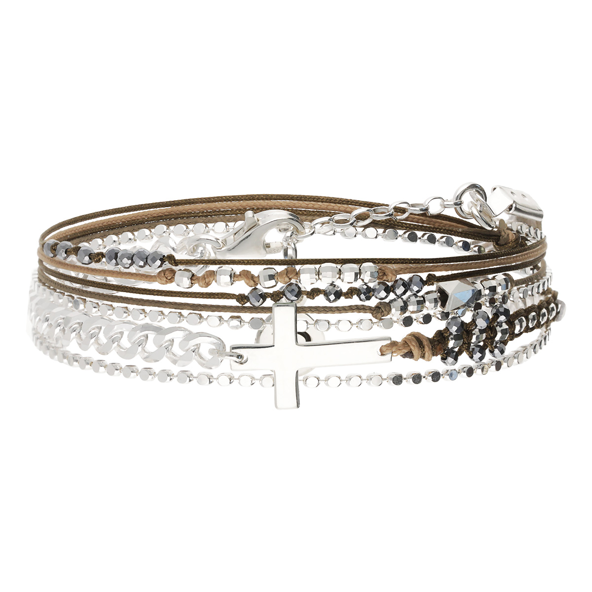 Bracelet 2 Tours Argent 925 Marron Croix
