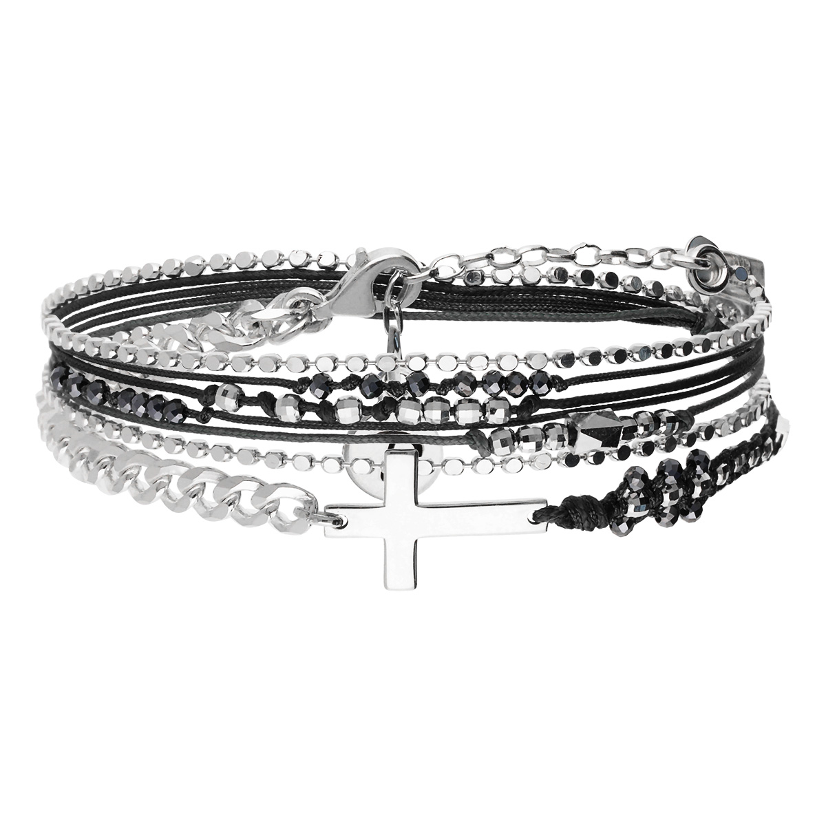 Bracelet 2 Tours Argent 925 Noir Croix