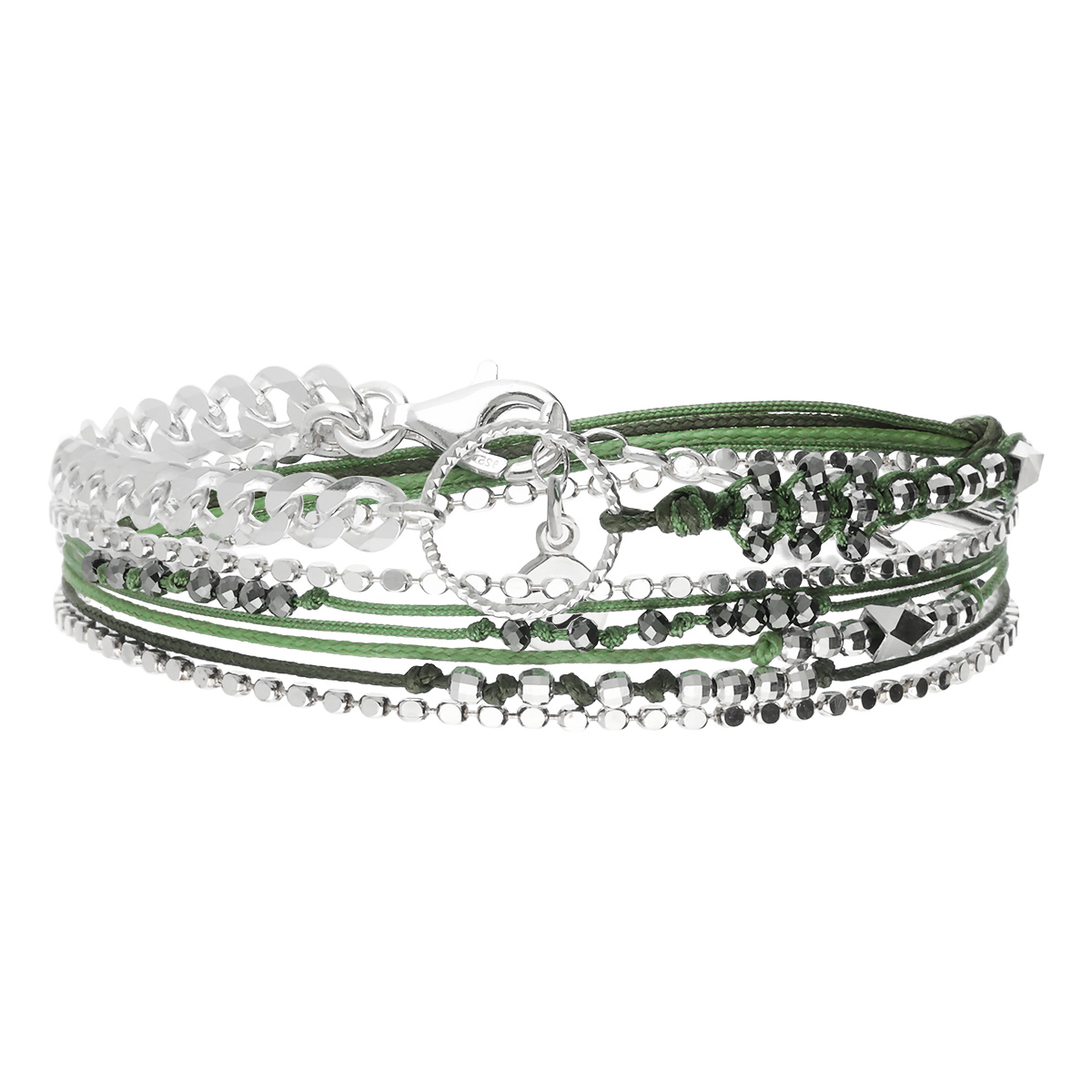 Bracelet 2 Tours Argent 925 Vert Kaki Le Chic À La Française