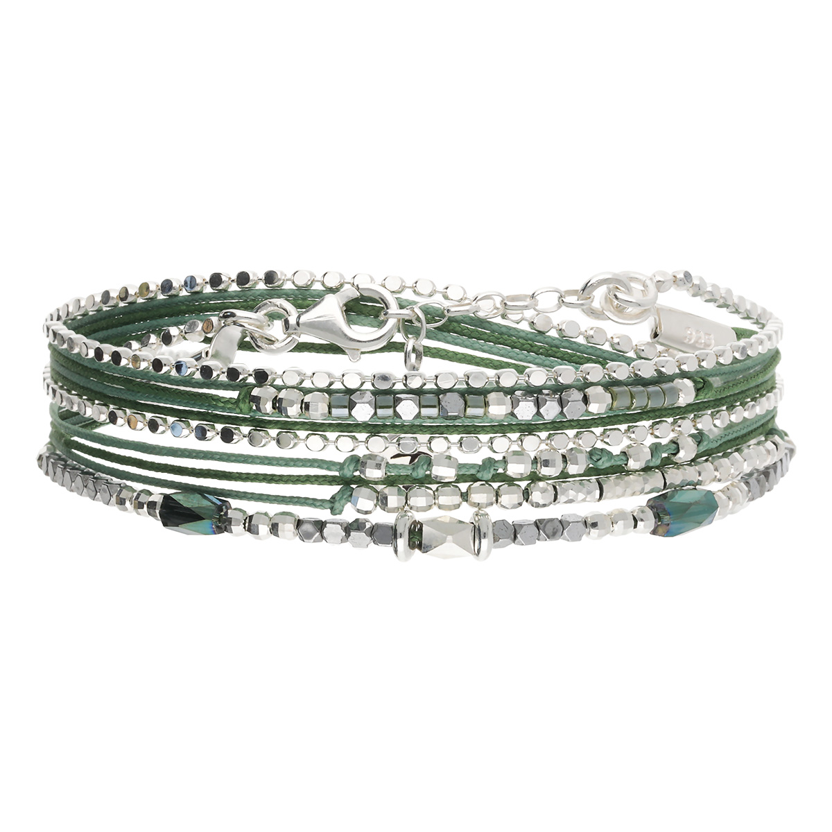 Bracelet 2 Tours Argent 925 Vert Kaki Le Tube