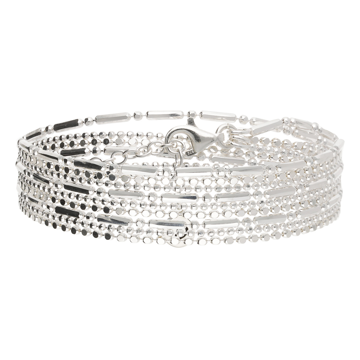 Bracelet Multi-Chaînes Trois Tours Avec Petits Cubes Barres et Boules en Argent 925