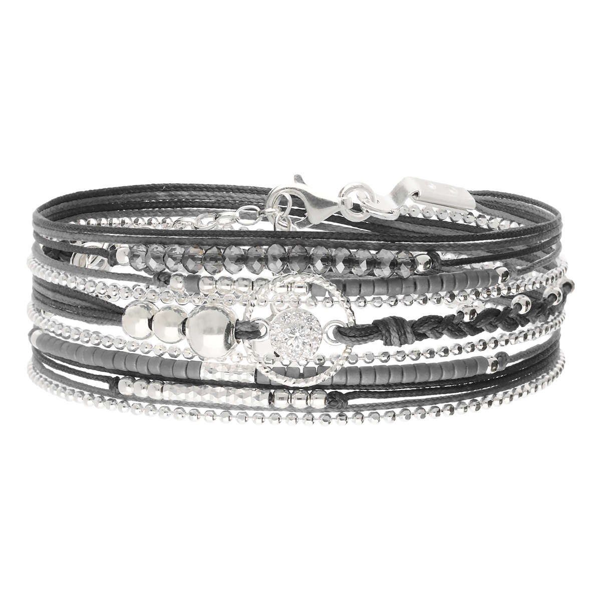 Bracelet 3 Tours Argent 925 Gris Orné D\' Un Zirconium