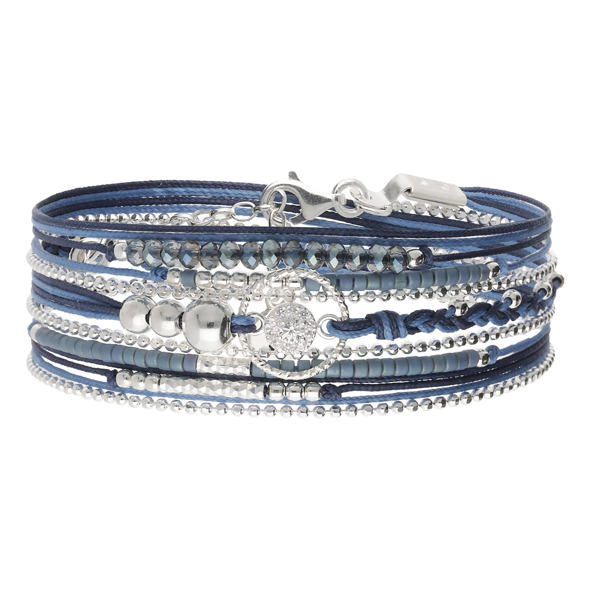 Bracelet 3 Tours Argent 925 Bleu Orné D\' Un Zirconium