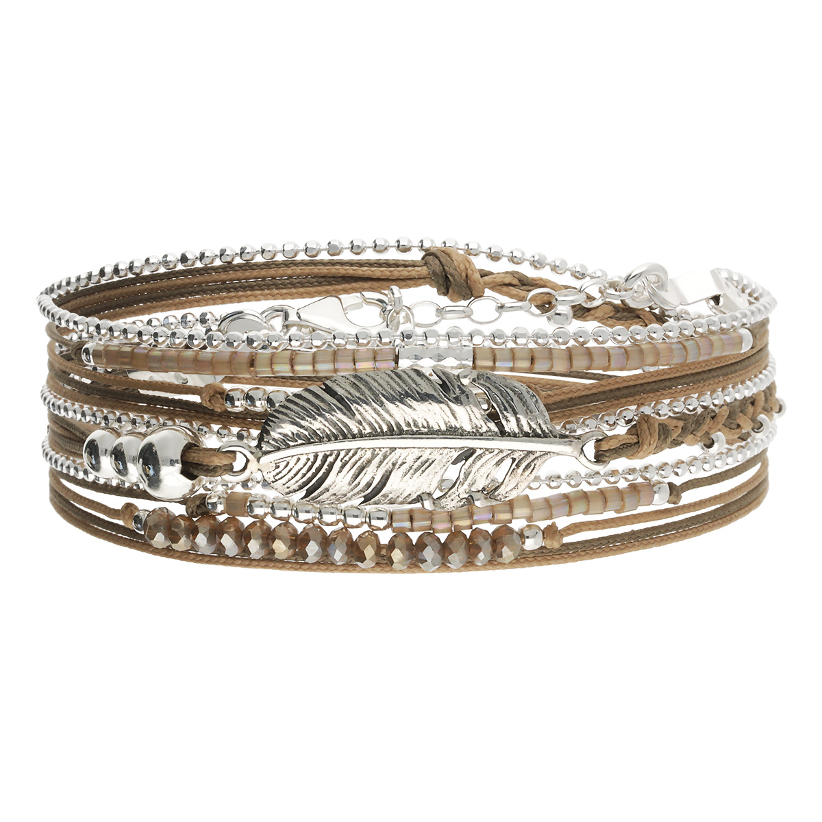 Bracelet 3 Tours Argent 925 Marron Plume