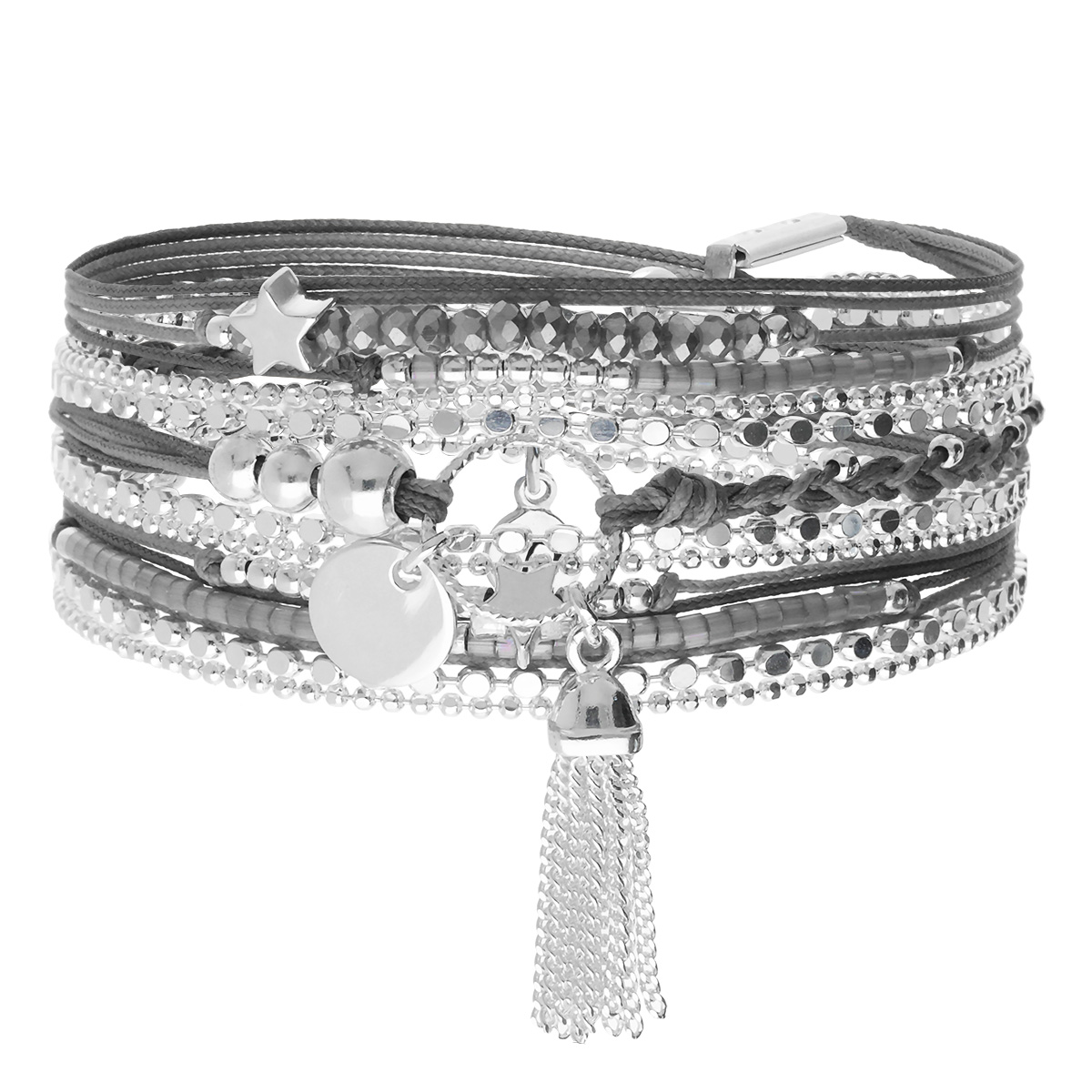 Bracelet 3 Tours Argent 925 Gris Pastille Et Pompon Gravable