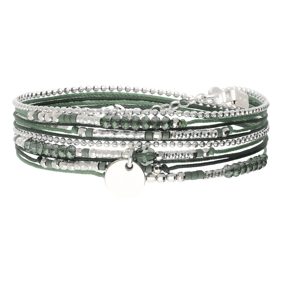 Bracelet 2 Tours Argent 925 Vert Kaki Atlanta Pastille Gravable