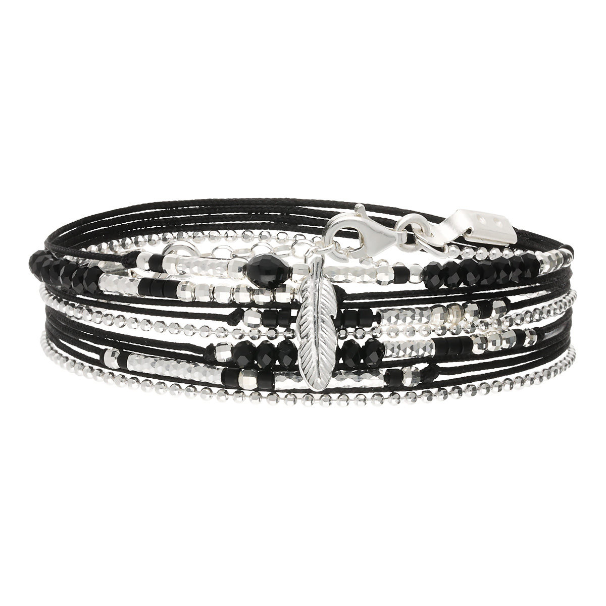 Bracelet 2 Tours Argent 925 Noir Plume Evora