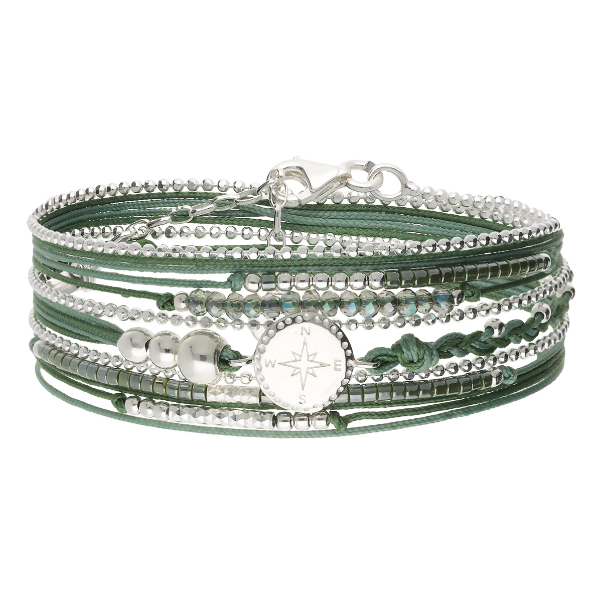 Bracelet 3 Tours Argent 925 Vert Kaki Rose Des Vents
