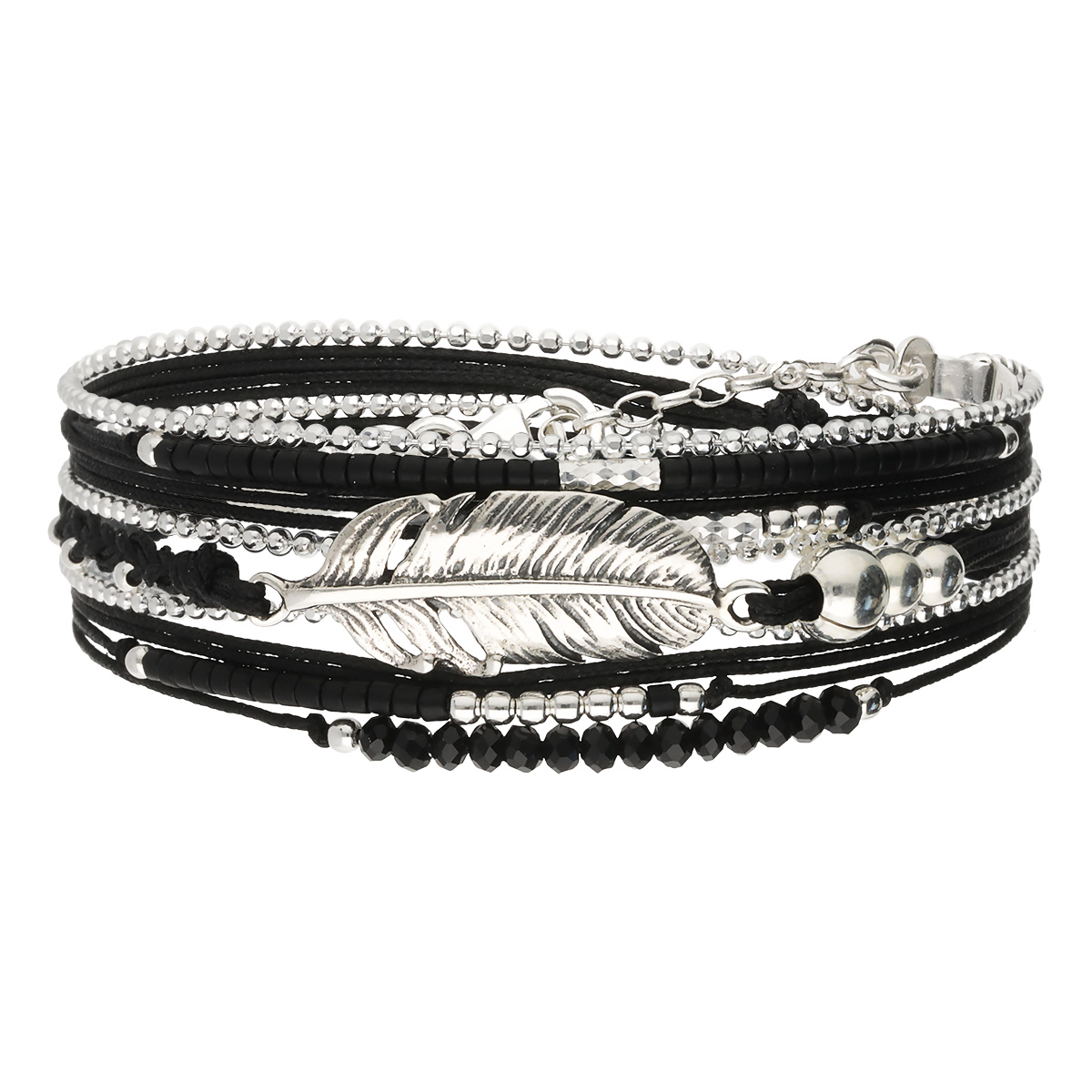 Bracelet 3 Tours Argent 925 Noir Plume