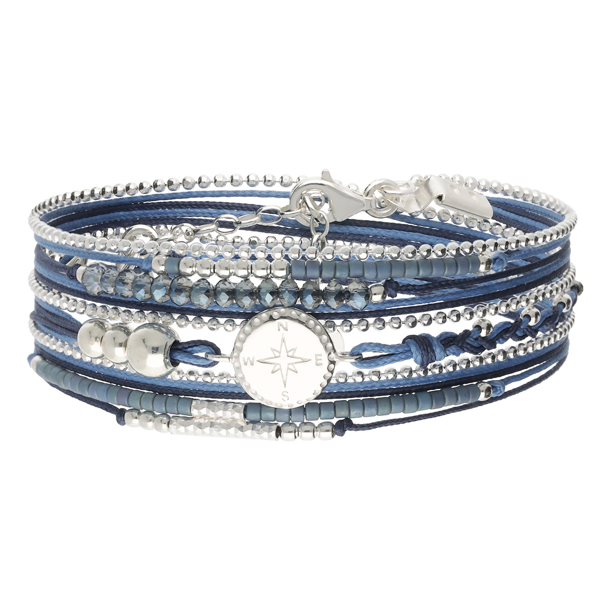 Bracelet 3 Tours Argent 925 Bleu Rose Des Vents