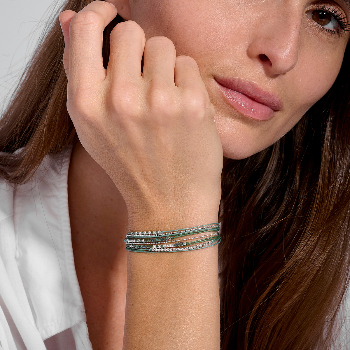 Bracelet 2 Tours Argent 925 Vert Kaki Formosa
