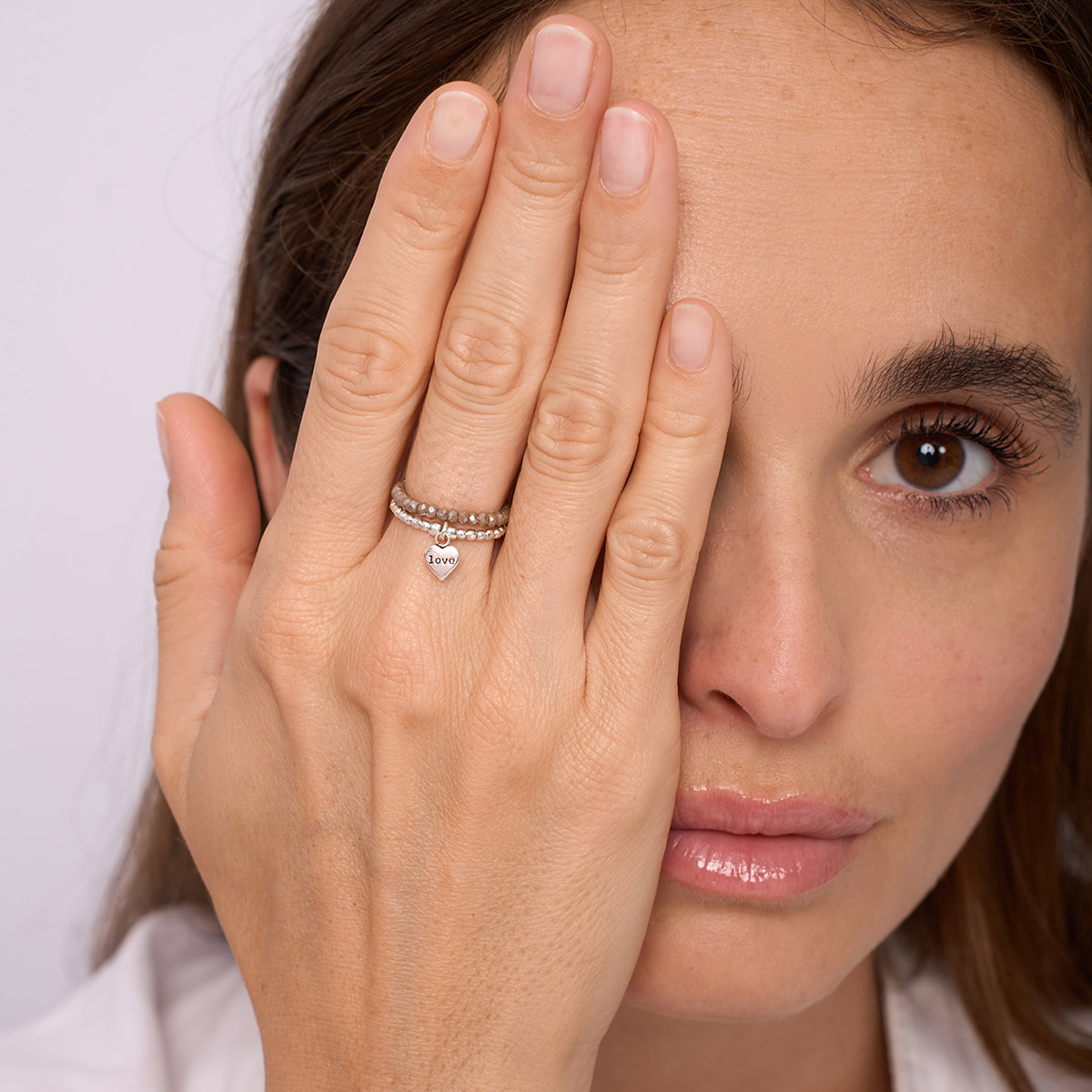 Bague Double Élastique Argent 925 Marron Coeur Love