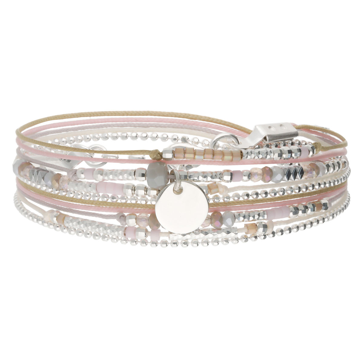 BRACELET 2 TOURS ROSE-BEIGE-GRIS PASTILLE 8 mm Argent 925 Gravable