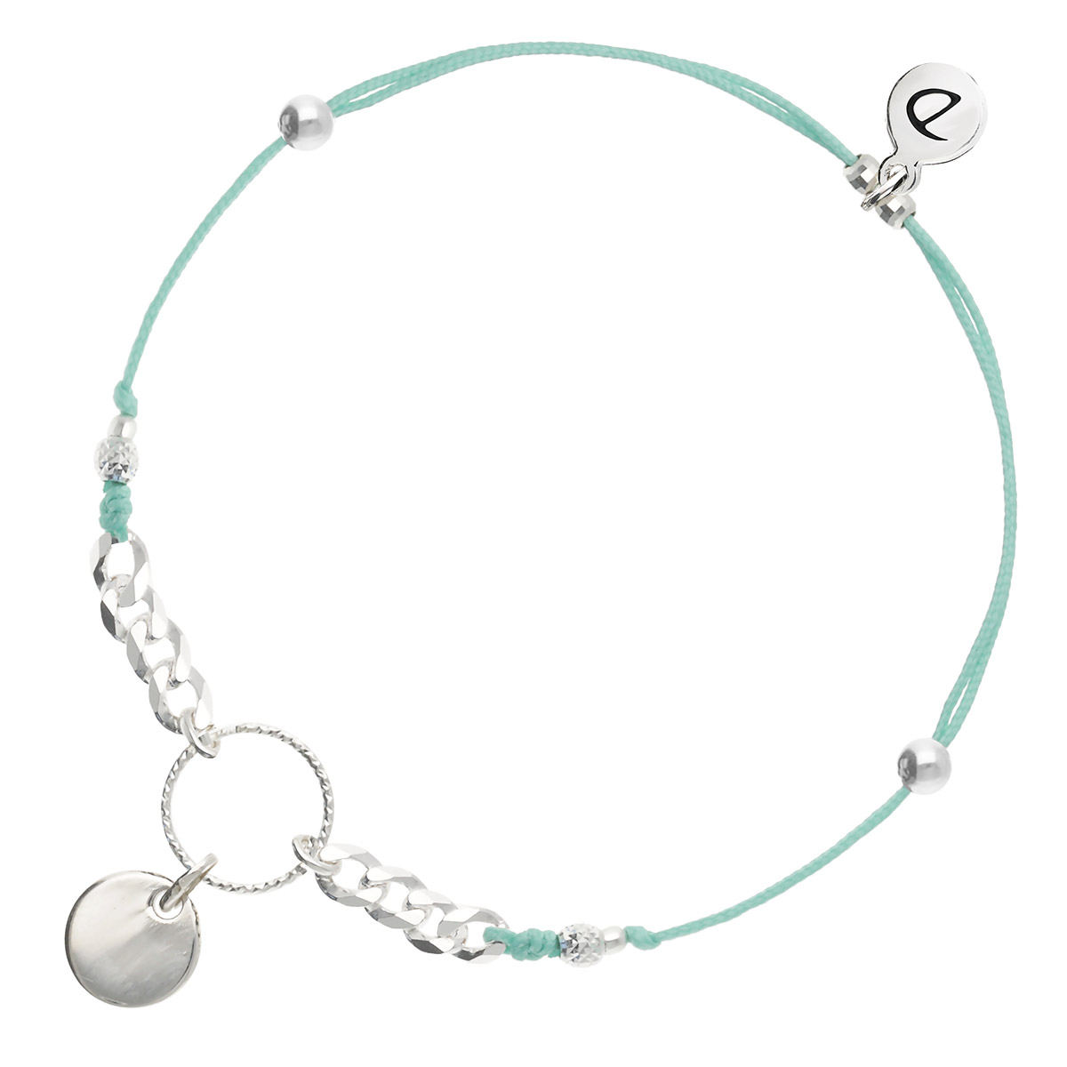 BRACELET CORDON TURQUOISE COULISSANT PASTILLE ANNEAU CISELÉ ET CHAÎNE MAILLE ROCK Argent 925 Gravable
