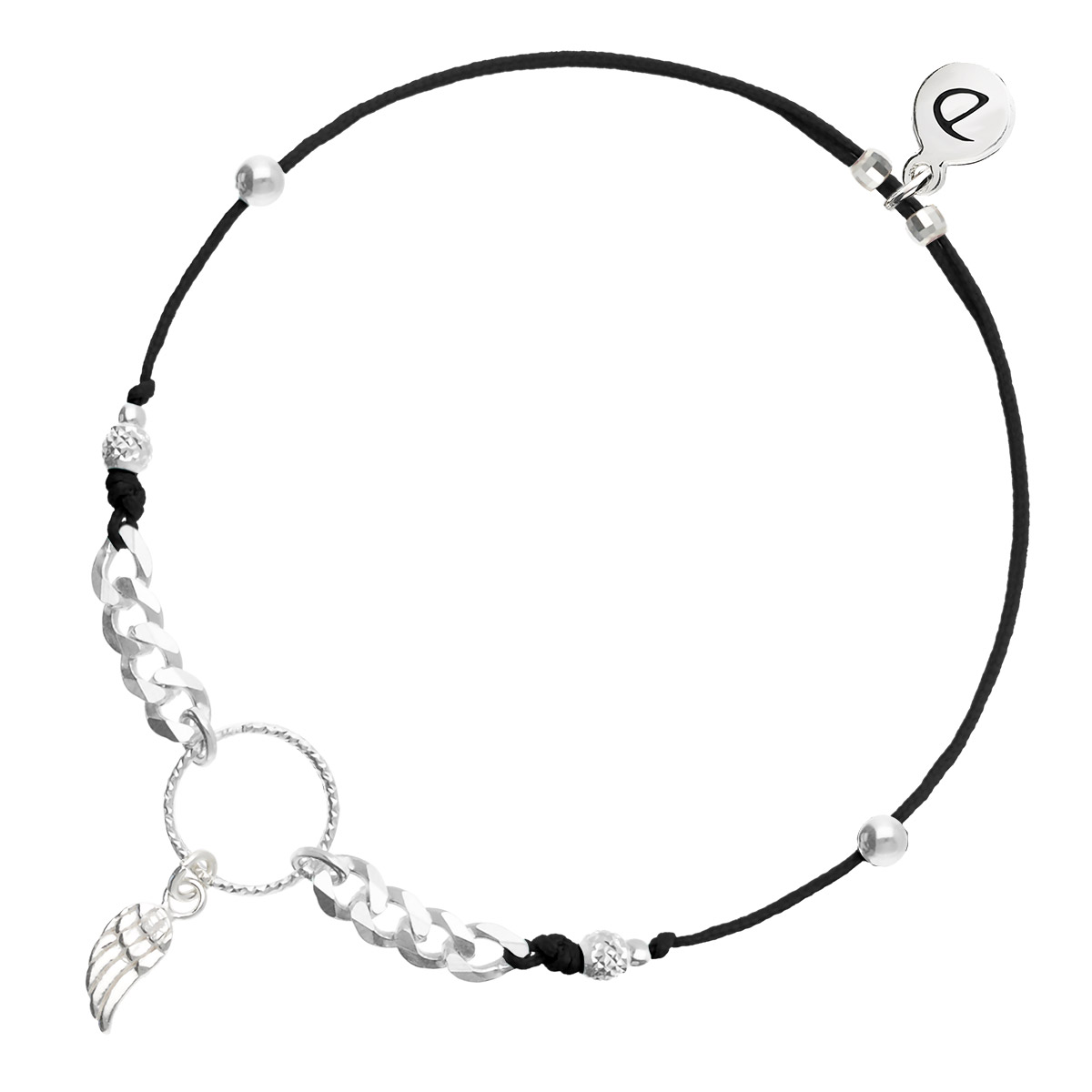 BRACELET CORDON NOIR COULISSANT AILE ANNEAU CISELÉ ET CHAÎNE MAILLE ROCK Argent 925