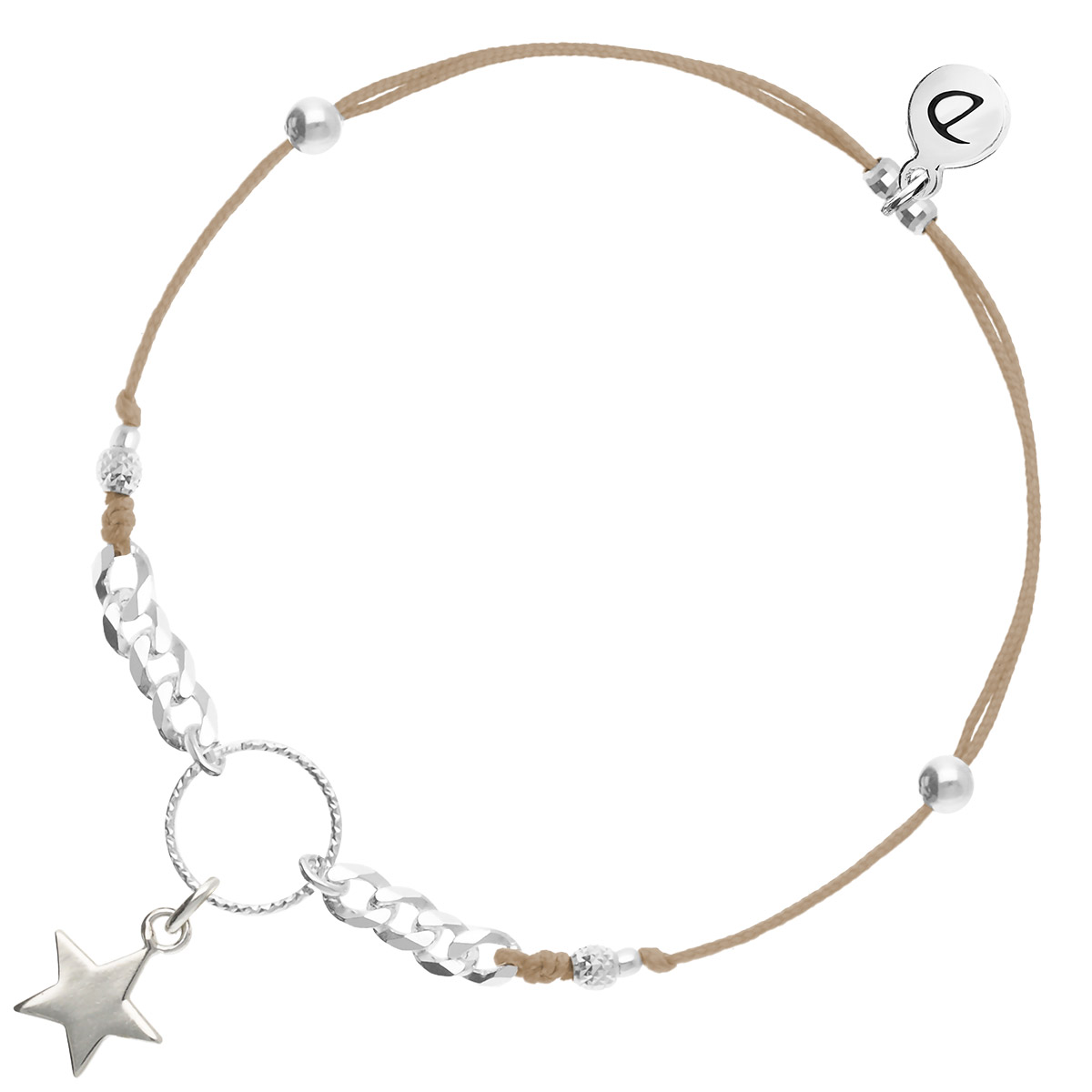 BRACELET CORDON BEIGE COULISSANT ÉTOILE ANNEAU CISELÉ ET CHAÎNE MAILLE ROCK Argent 925