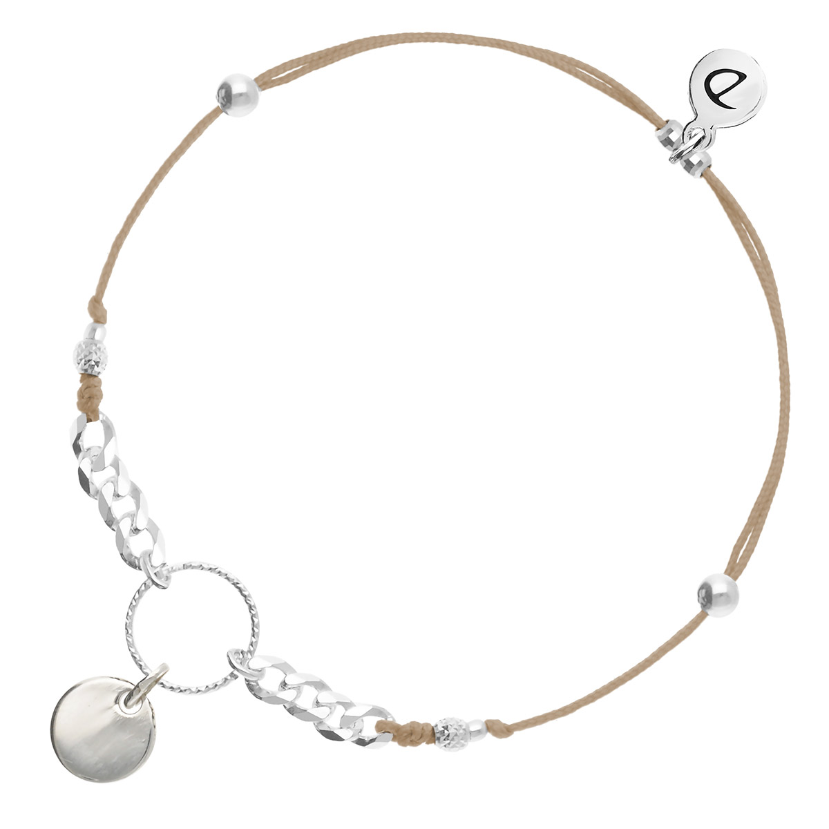 BRACELET CORDON BEIGE COULISSANT PASTILLE ANNEAU CISELÉ ET CHAÎNE MAILLE ROCK Argent 925 Gravable