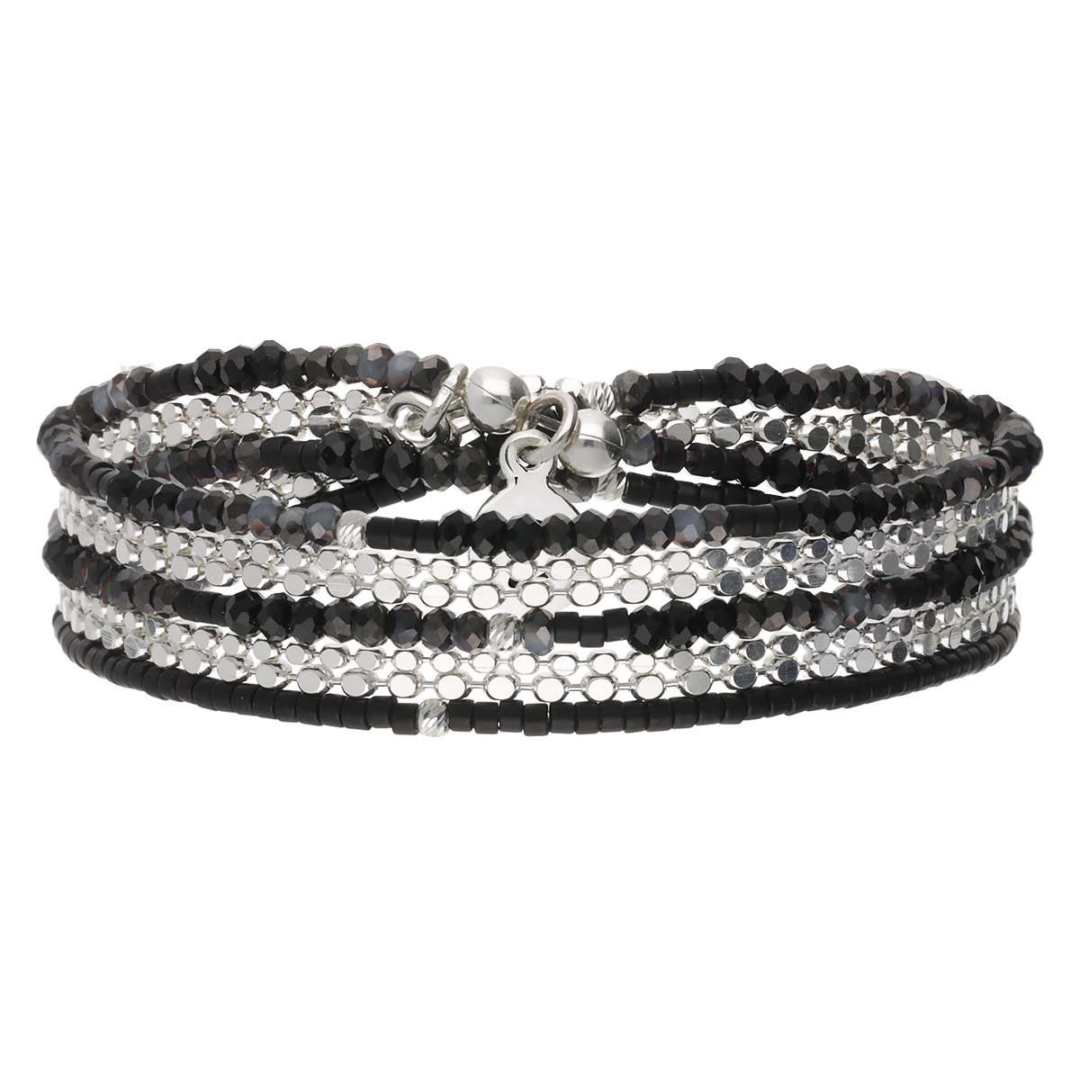 BRACELET ÉLASTIQUE 3 TOURS NOIR INTEMPOREL AVEC 2 CHAINES Argent 925