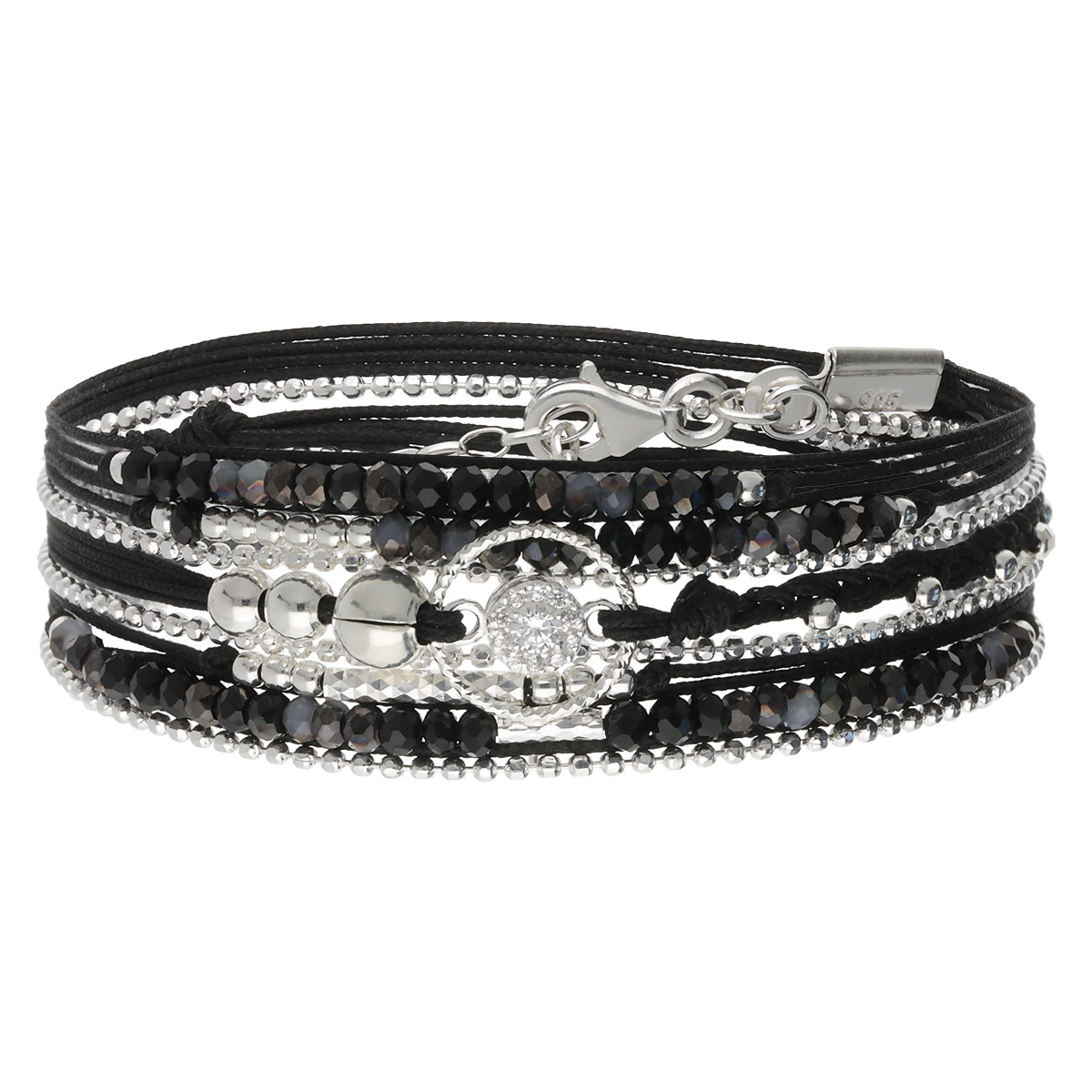 BRACELET 3 TOURS NOIR OXYDE DE ZIRCONIUM ANNEAU DIAMANTÉ Argent 925