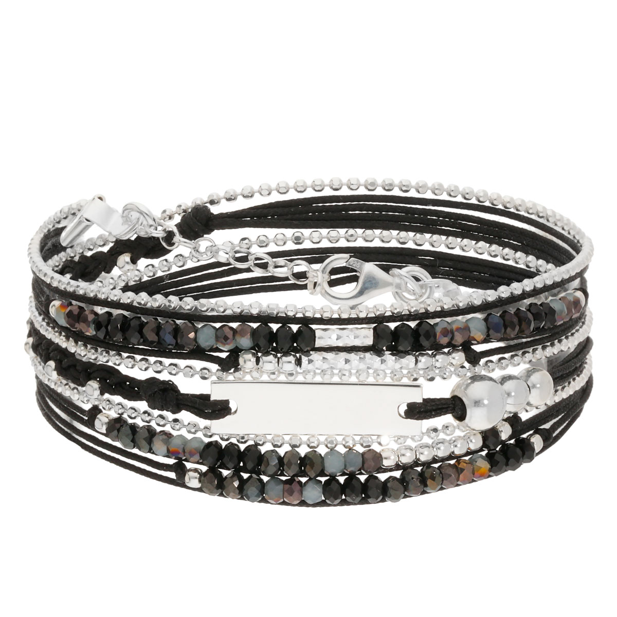 BRACELET NOIR BRILLANT PLAQUE FINE ARGENT Gravable