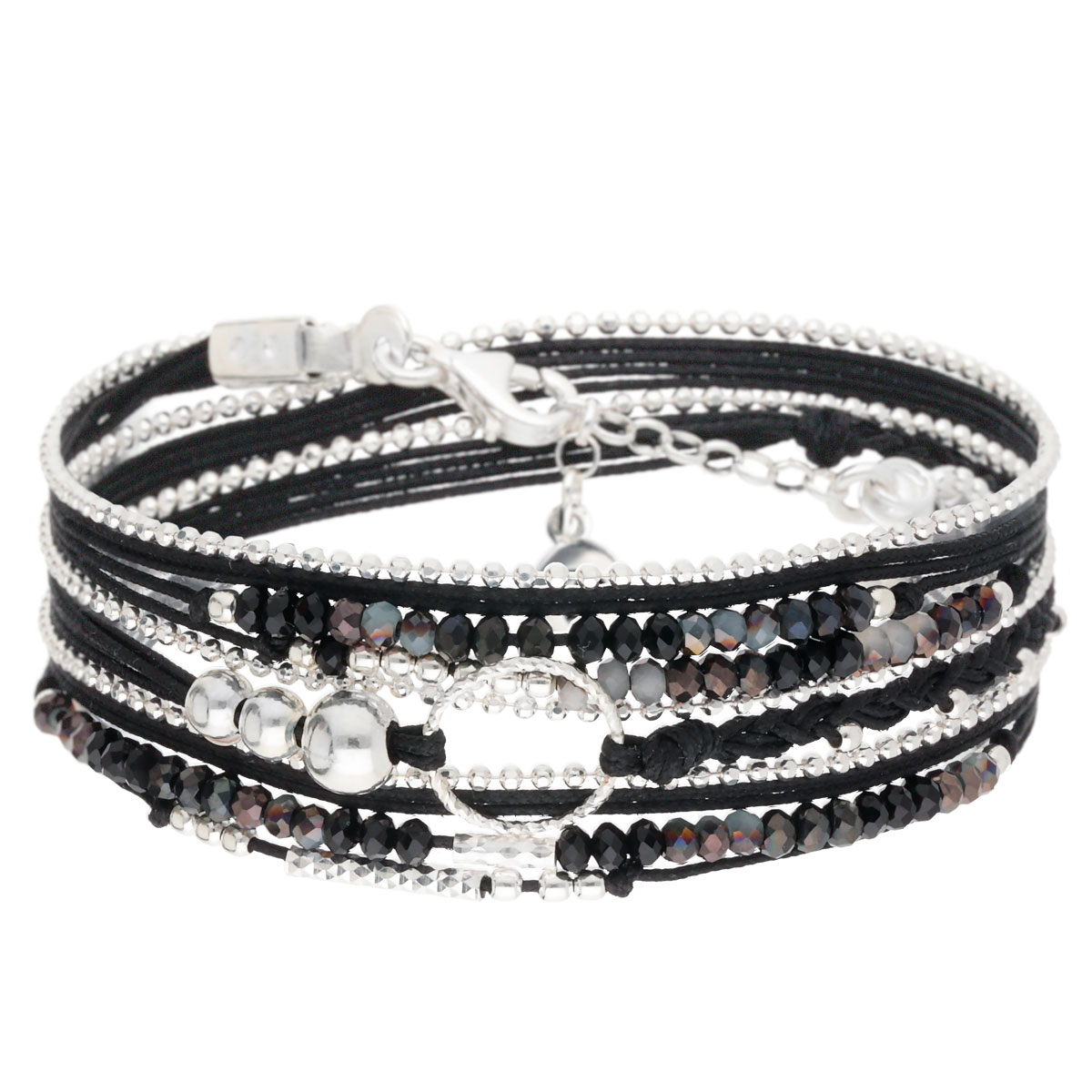 BRACELET NOIR BRILLANT TRIPLE TOURS ANNEAU DIAMANTE