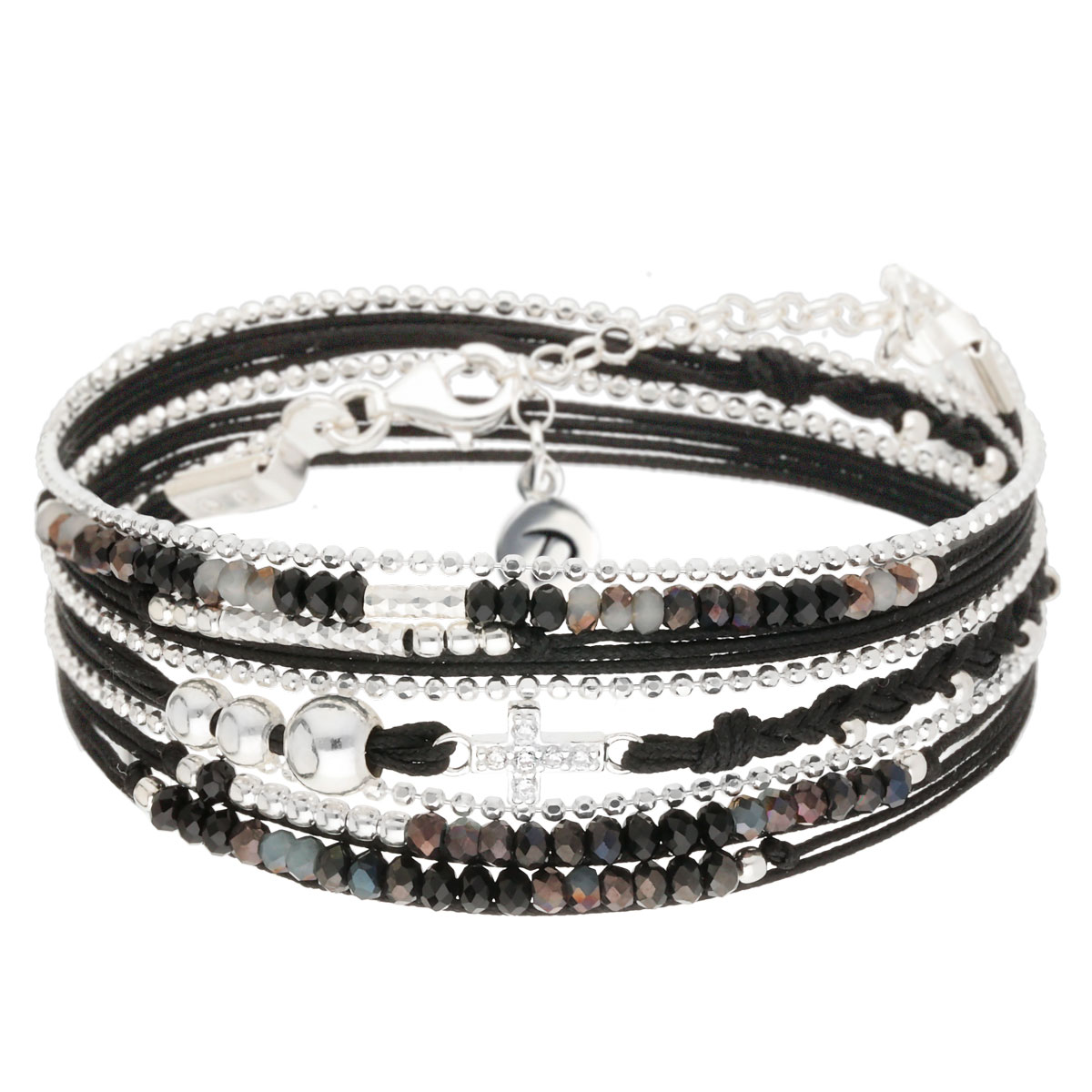 BRACELET NOIR BRILLANT CROIX OXYDE TRIPLE RANGS