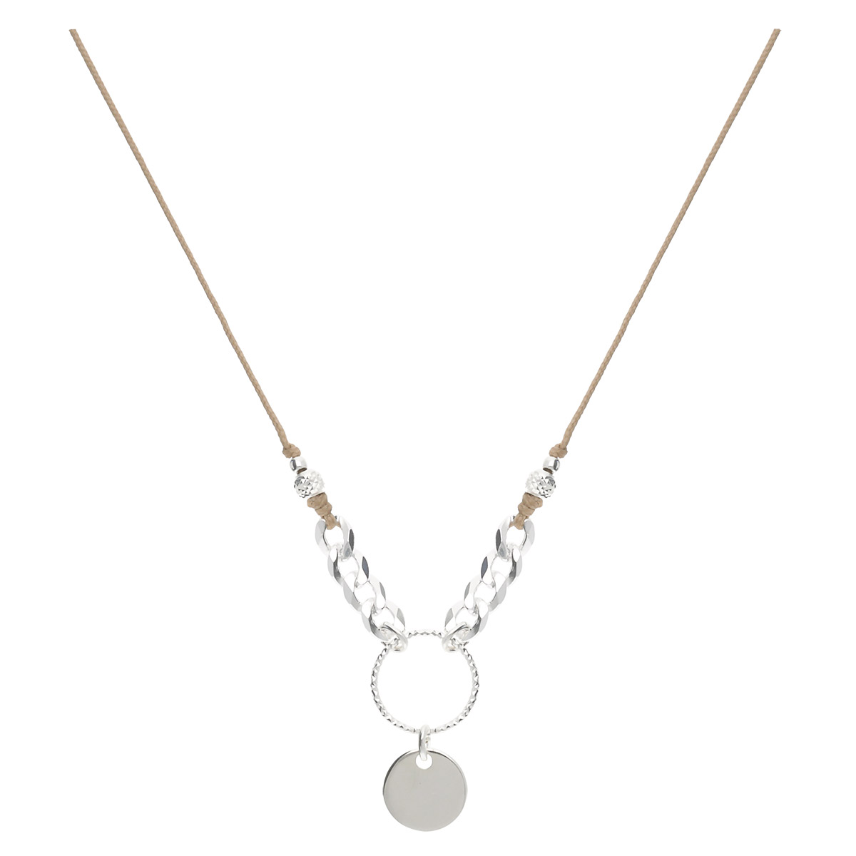 COLLIER CORDON BEIGE PASTILLE ANNEAU CISELÉ ET CHAÎNE MAILLE ROCK Argent 925