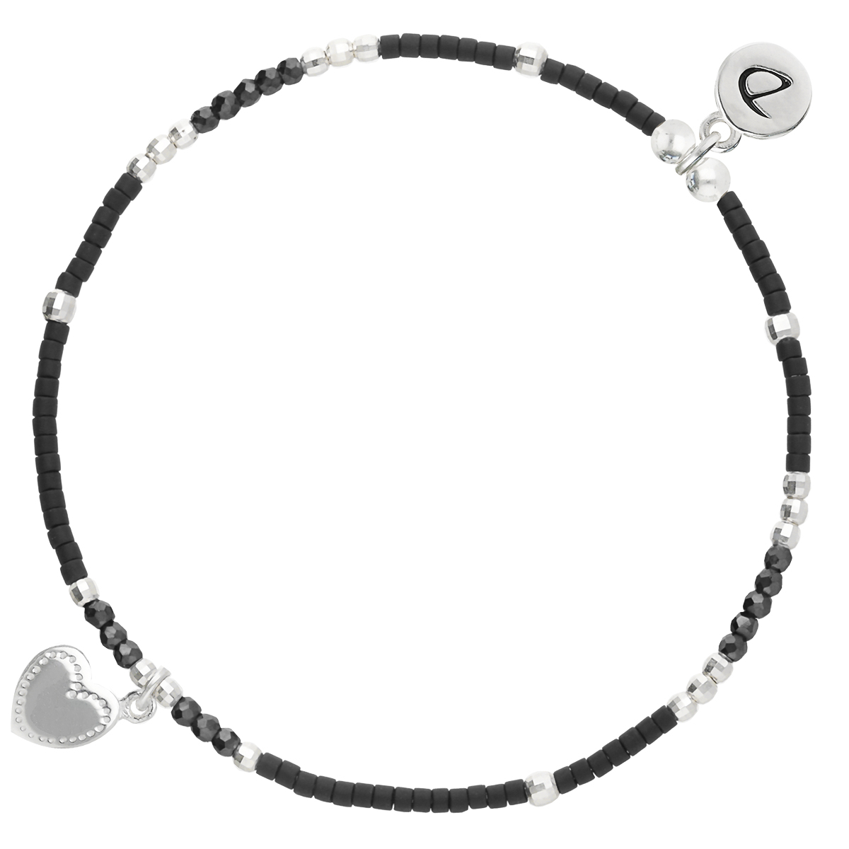 Bracelet Élastique En Argent 925 Noir Petit Coeur Penché Gravable