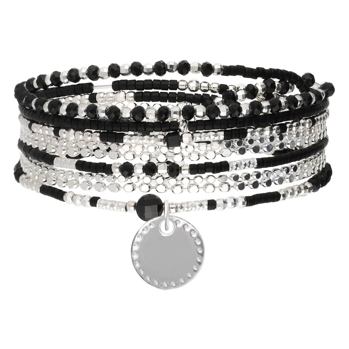 Bracelet Élastique En Argent 925 5 Tours Noir Chaîne Pastille Cloutée Gravable