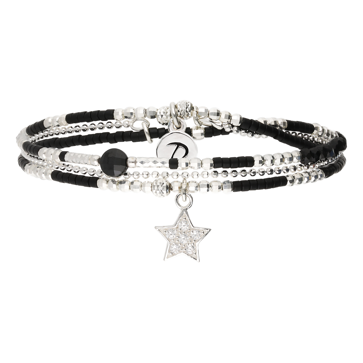 Bracelet Élastique En Argent 925 2 Tours Et Chaîne Noir Orné D\'Une Étoile Pavée D\'Oxydes De Zirconium