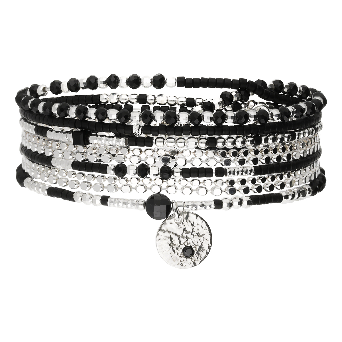 Bracelet Élastique En Argent 925 5 Tours Noir Pastille Martelée